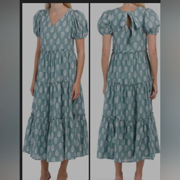 Lucky brand short puff sleeve V neck Tiered Tie Back maxi dress size M - Picture 1 of 10